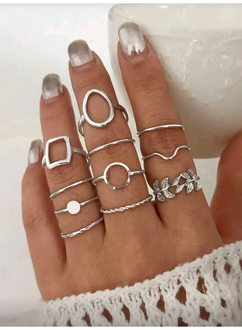 Shein 11pcs/Set Geometric Leaf Design Joint Rings Set For Women, Creative Fashion (Silver) - Image 4
